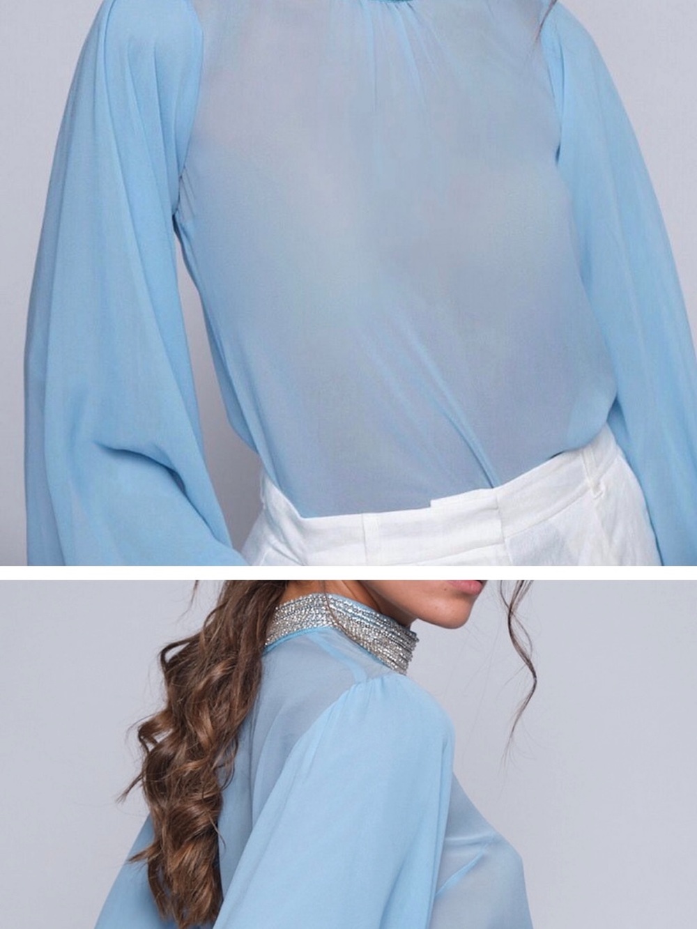Light Blue Sheer Silk Blouse with Flared Long-Sleeves & Embellished Neck
